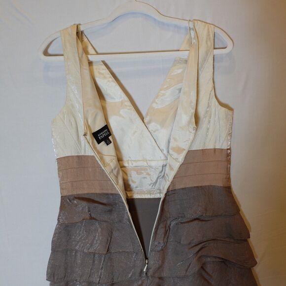 Adrianna Papell Ruffle Tiered Layered Dress Cocktail Sz 10 Metallic Brown Tan - Picture 3 of 13